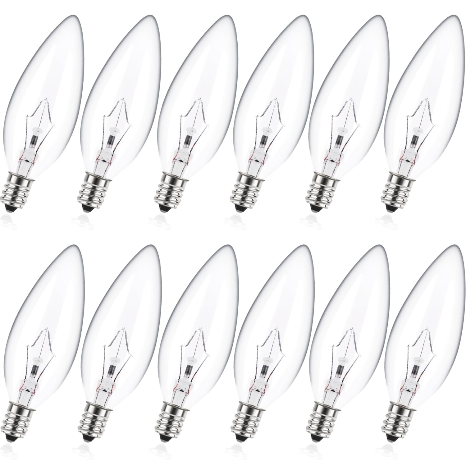 MEQIQTEK E12 60 Watt Incandescent Candle Light Bulbs, Chandelier Light Bulbs for Ceiling Fan, Vanity, Outdoor - Warm White 2500K, 500 Lumen Dimmable B10 Clear Candelabra Base Bulbs (12 Pack)