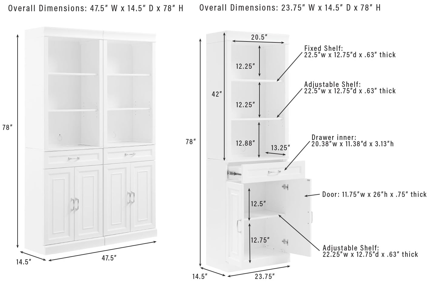 Crosley Furniture Stanton 2-Piece Storage Bookcase, Bookshelf Cabinet with Shelves, Kitchen and Living Room, White