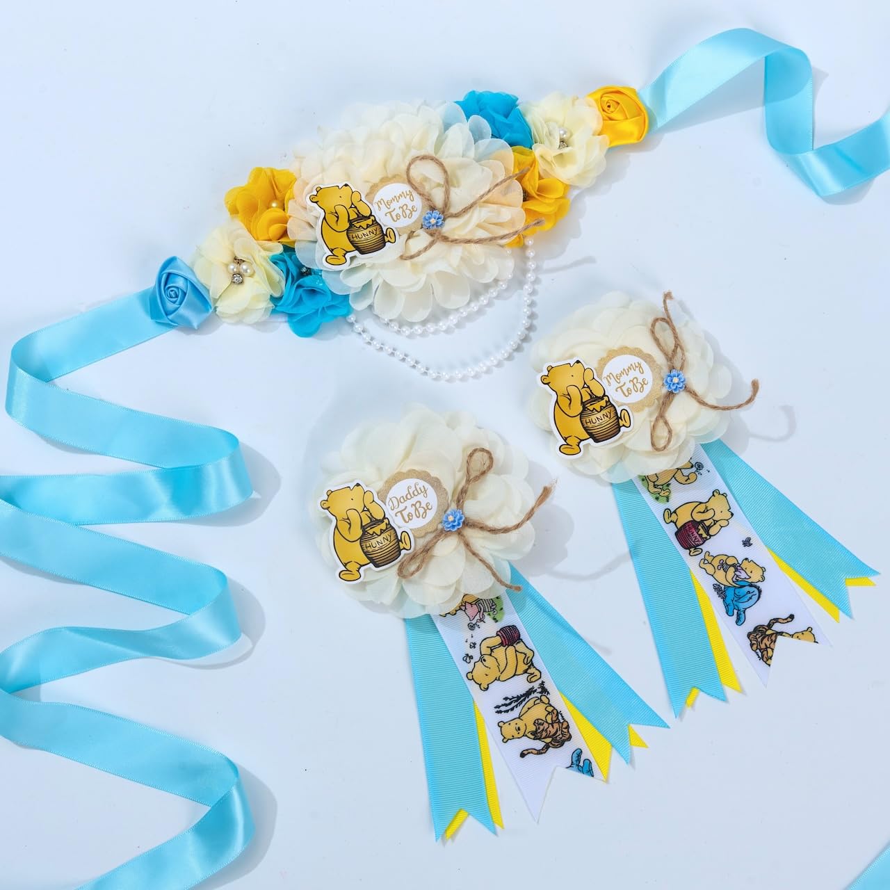 3 Pack Mom to Be Sash Daddy to Be Corsage Pins Flower, Baby Shower Sash, Maternity Sash Belly Belt Gift for Gender Reveal Baby Shower Decorations Mommy Dad, Blue Boy