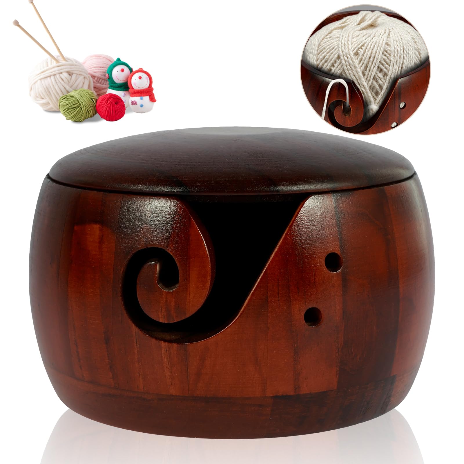 Wooden Yarn Bowl Round Crochet Bowl Holder with Holes Pine Knitting Yarn Bowls Wooden Weaving Thread Bowl with Lid Portable Yarn Storage Bowl for DIY Knitting Crafts 5.9x5.9x3inch(Dark with lid)