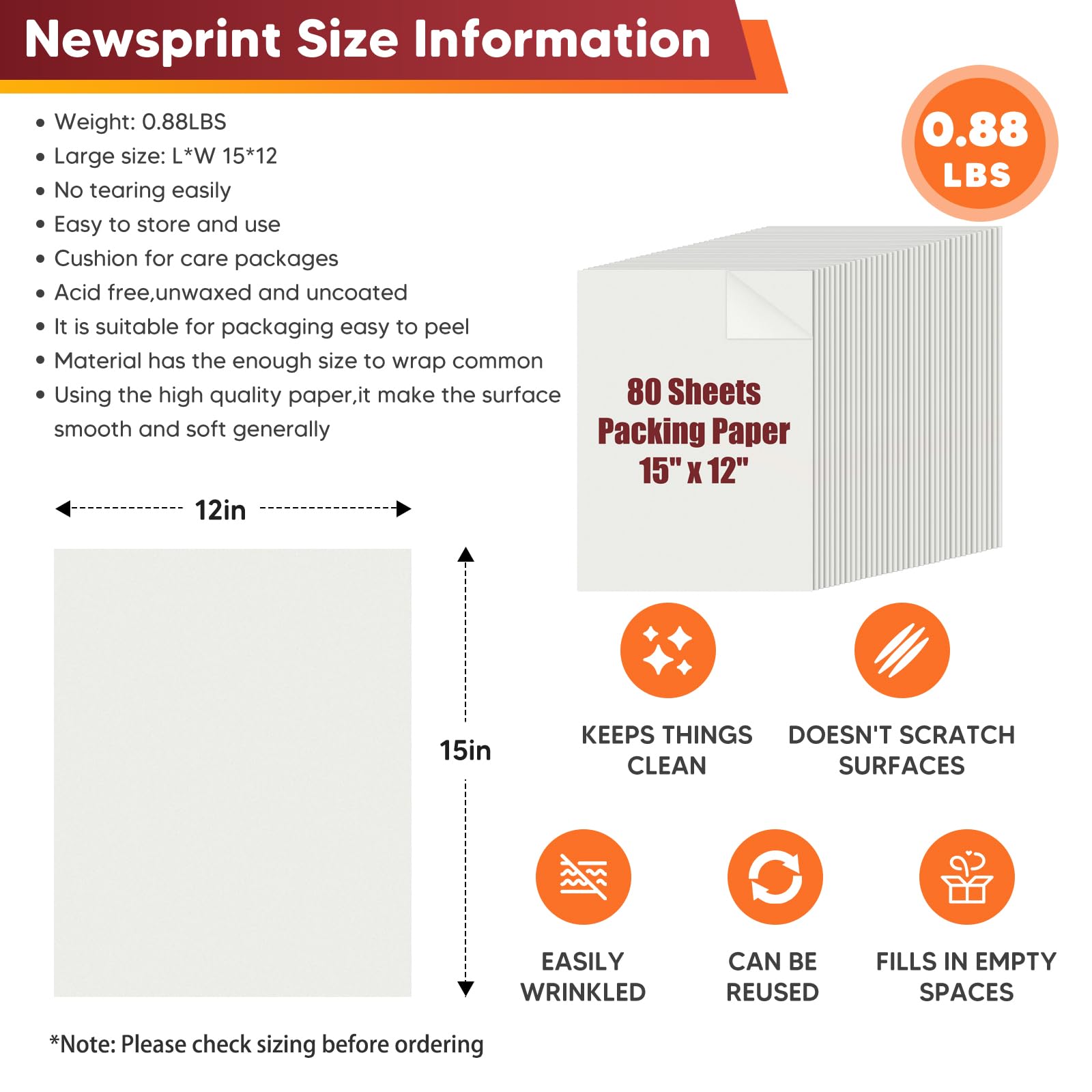 15" x 12" Packing Paper Sheets for Moving Supplies, Newsprint Paper for Moving Boxes, Wrapping Paper for Moving, Shipping, Packaging, Small Packing Box, Dishes Glasses Box Mailers 0.88 lbs, 80 Sheets