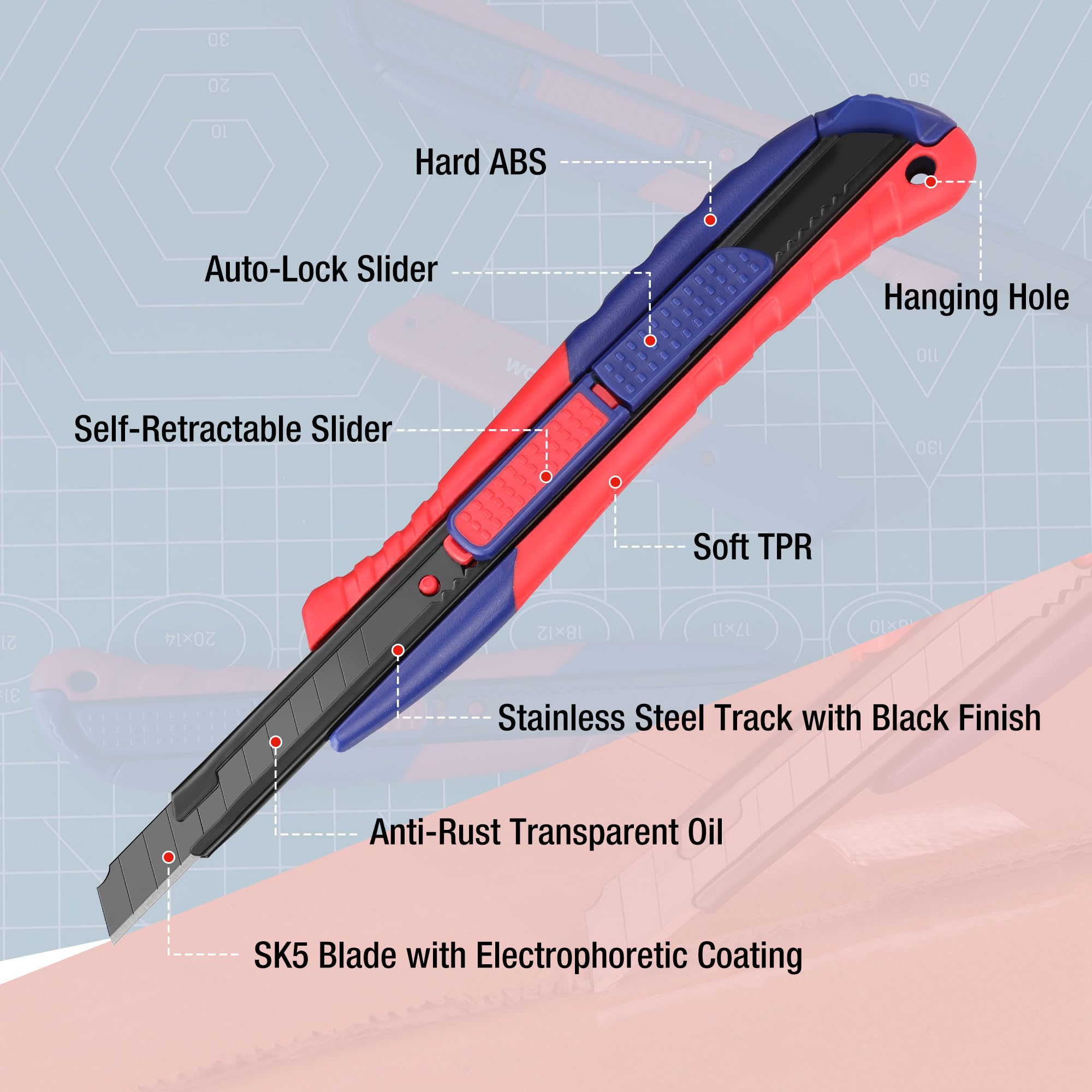 WORKPRO 2-In-1 Safety Utility Knife Retractable Snap-off blade, Metal Box Cutter Set, Razor Knife Exacto Craft Knives, with 10 Extra 9mm Blades, Pack of 3