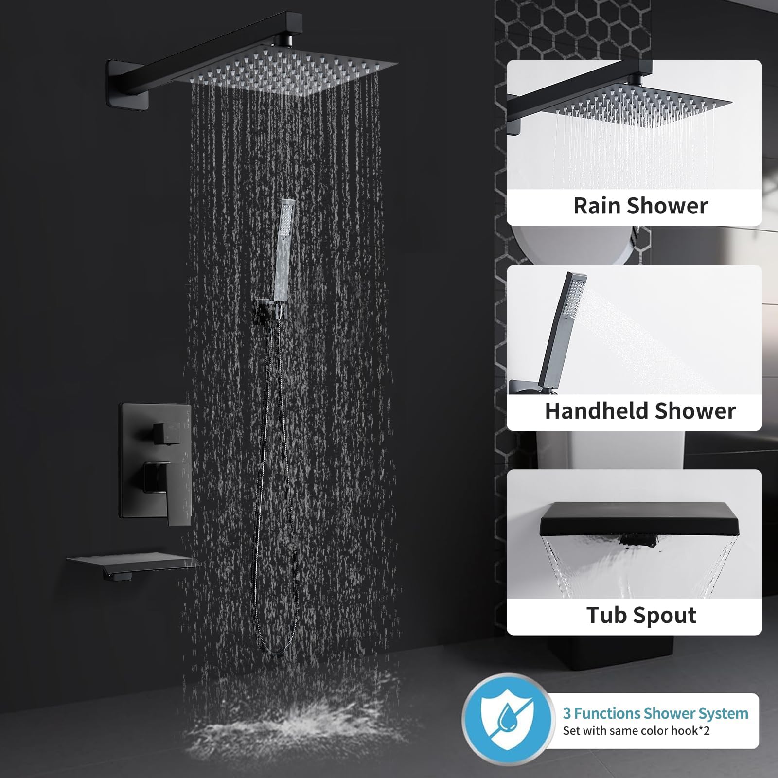 RTTWYYUU Matte Black Shower Faucet Set with Tub Spout 10 Inch, Shower Head and Handle with 2 Hooks, Tub and Shower Faucet Combo, Rain Shower and Handheld Shower System Square Wall Mount for Bathroom