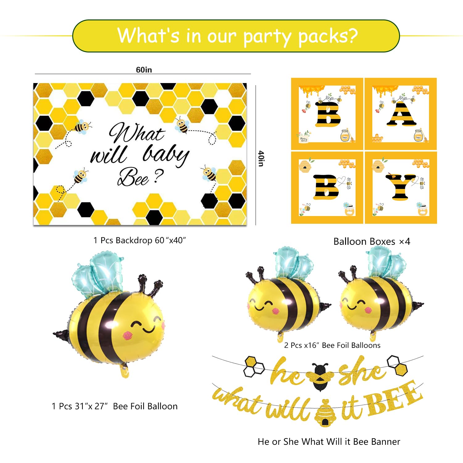 GREPARPY What Will It Bee Gender Reveal Party Decorations, Bumble Bee Baby Shower Supplies Include Banner, Tablecloth, Backdrop, Balloons, Boxes, Topper, Honey Bumble Bee Theme Party Decorations