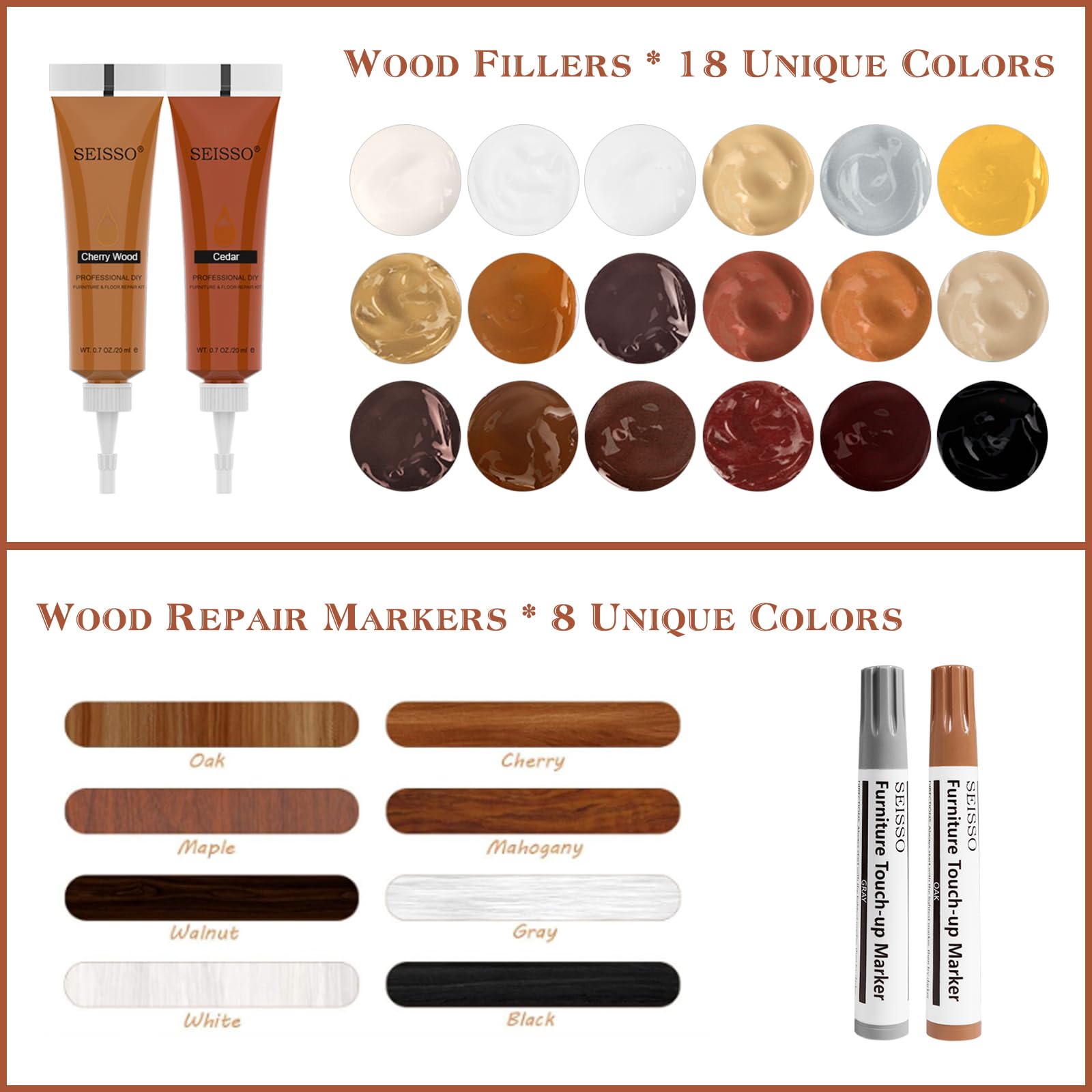 Wood Furniture Repair Kit- 40 Sets, Wood Fillers Hardwood Laminate Repair Kit with 18 Colors Oak Walnut, Wood Putty Touch Up Kit- Cover Wood Scratches, Stains, Holes for Table, Door, Veneer, Cherry