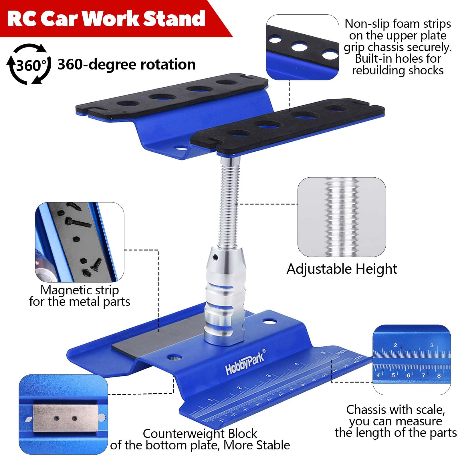 HobbyPark RC Car Work Stand 360 Degree Rotation, 620pcs RC Screw Kit w/Tray & RC Screwdrivers Repair Tool Set for Traxxas Arrma 1/8 1/10 1/12 1/16 RC Crawler Truck Buggy Touring Car