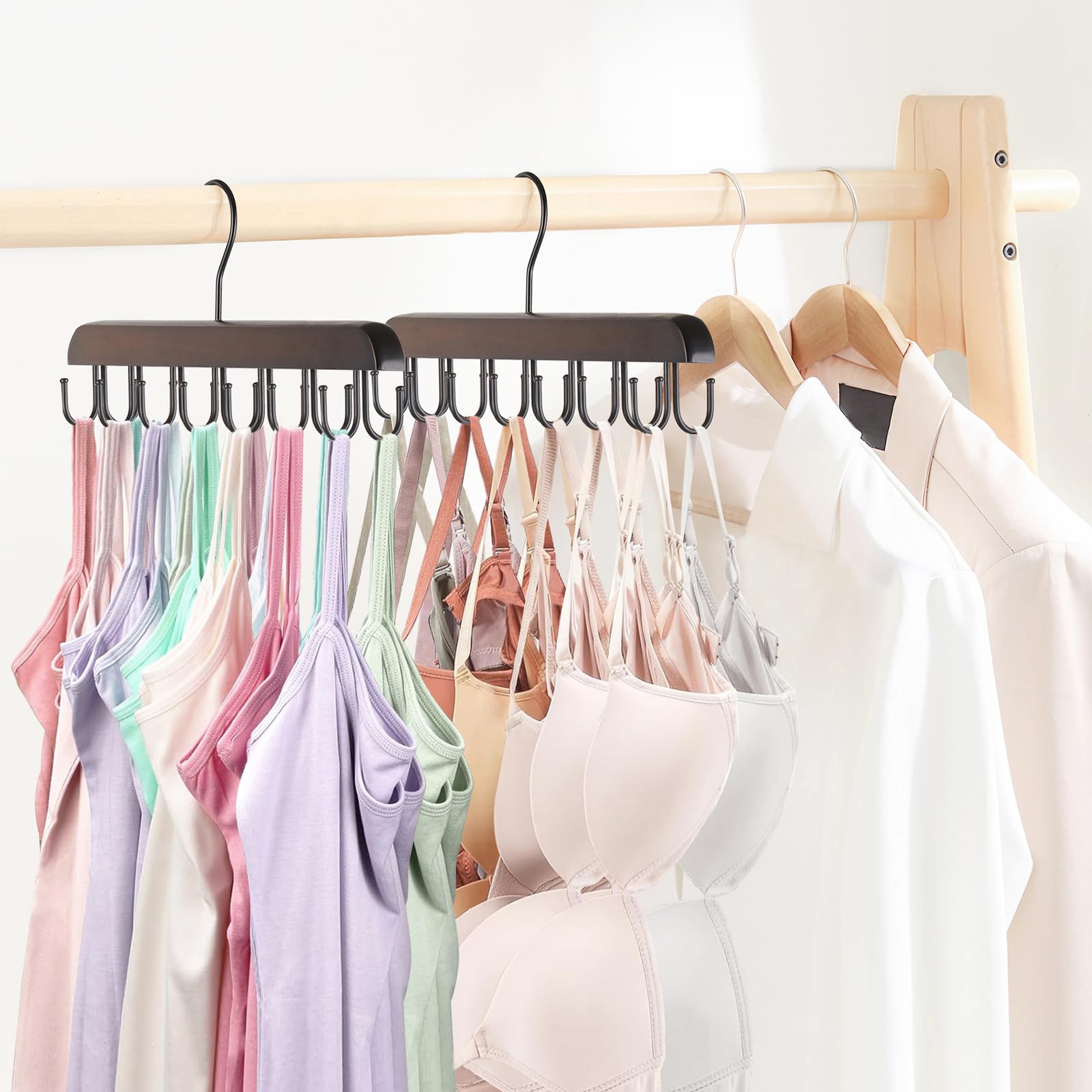 Mkono Bra Hangers for Closet Organizer Space Saving Hangers with 14 Hooks for Tank Top, Belt, Sports Bra, Ties, Scarf Holder Wooden 360° Rotating Hanger for Home Apartment Dorm Closet Storage