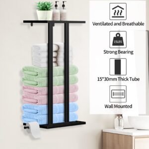 Towel Rack Wall Mounted, 29.5 inch Bathroom Towel Storage Rack with Metal Shelf, Towel Racks for Bathroom Large Towels, Black