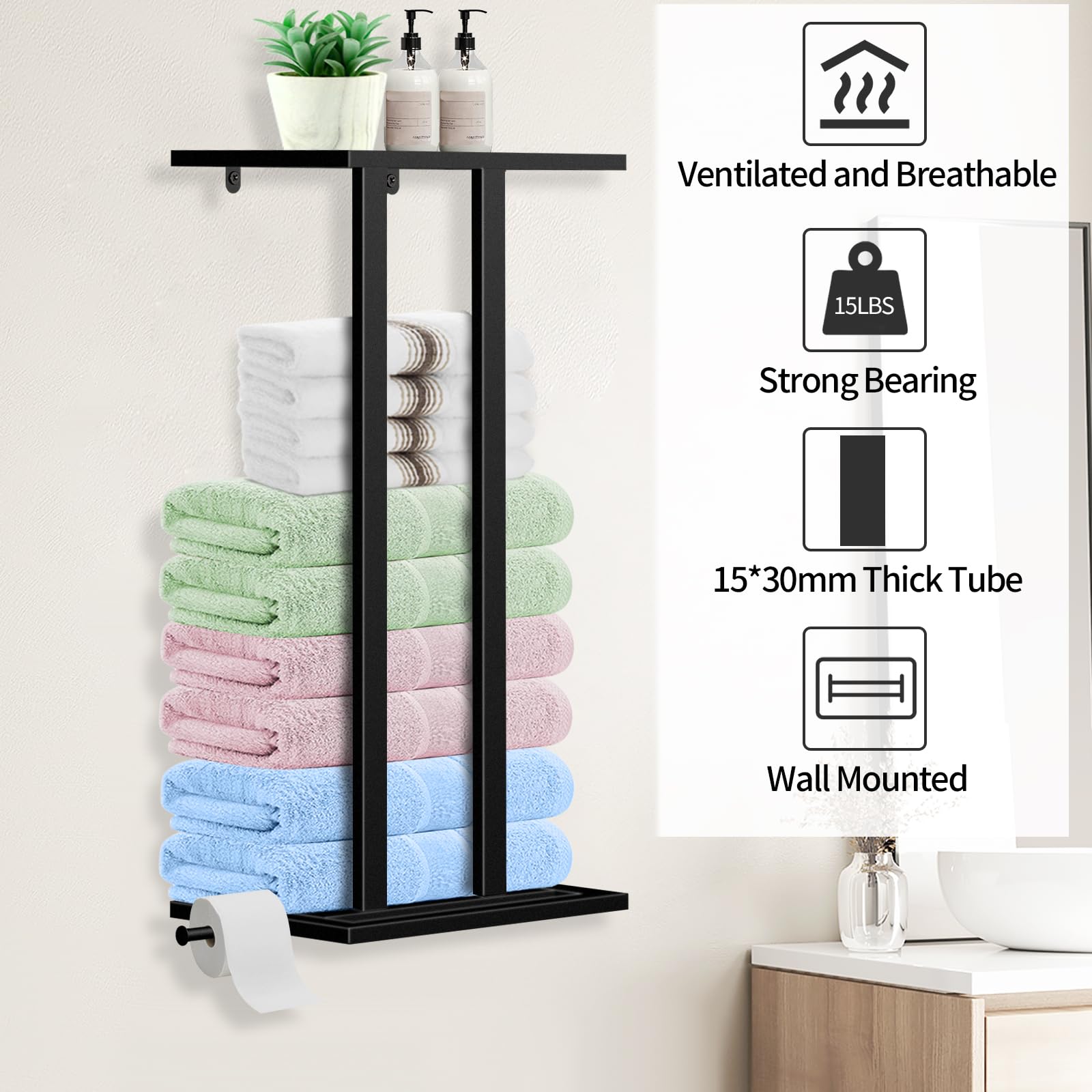 Towel Rack Wall Mounted, 29.5 inch Bathroom Towel Storage Rack with Metal Shelf, Towel Racks for Bathroom Large Towels, Black