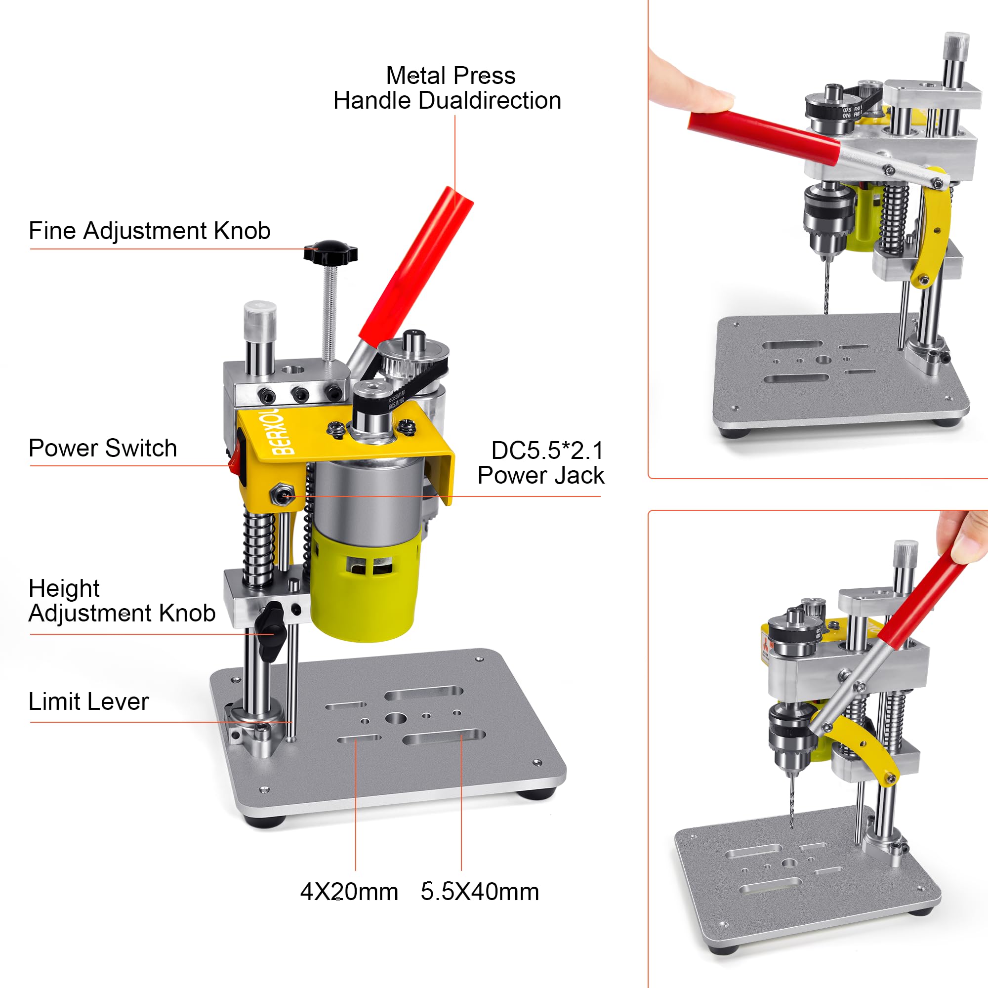 BERXOL Mini Drill Press, Benchtop Drill Press, Portable Electric Drilling Machine, CNC 795 Motor, B10 Chuck, Drill Bit and Clamp for Metal Wooden Jewelry DIY and Crafts Projects