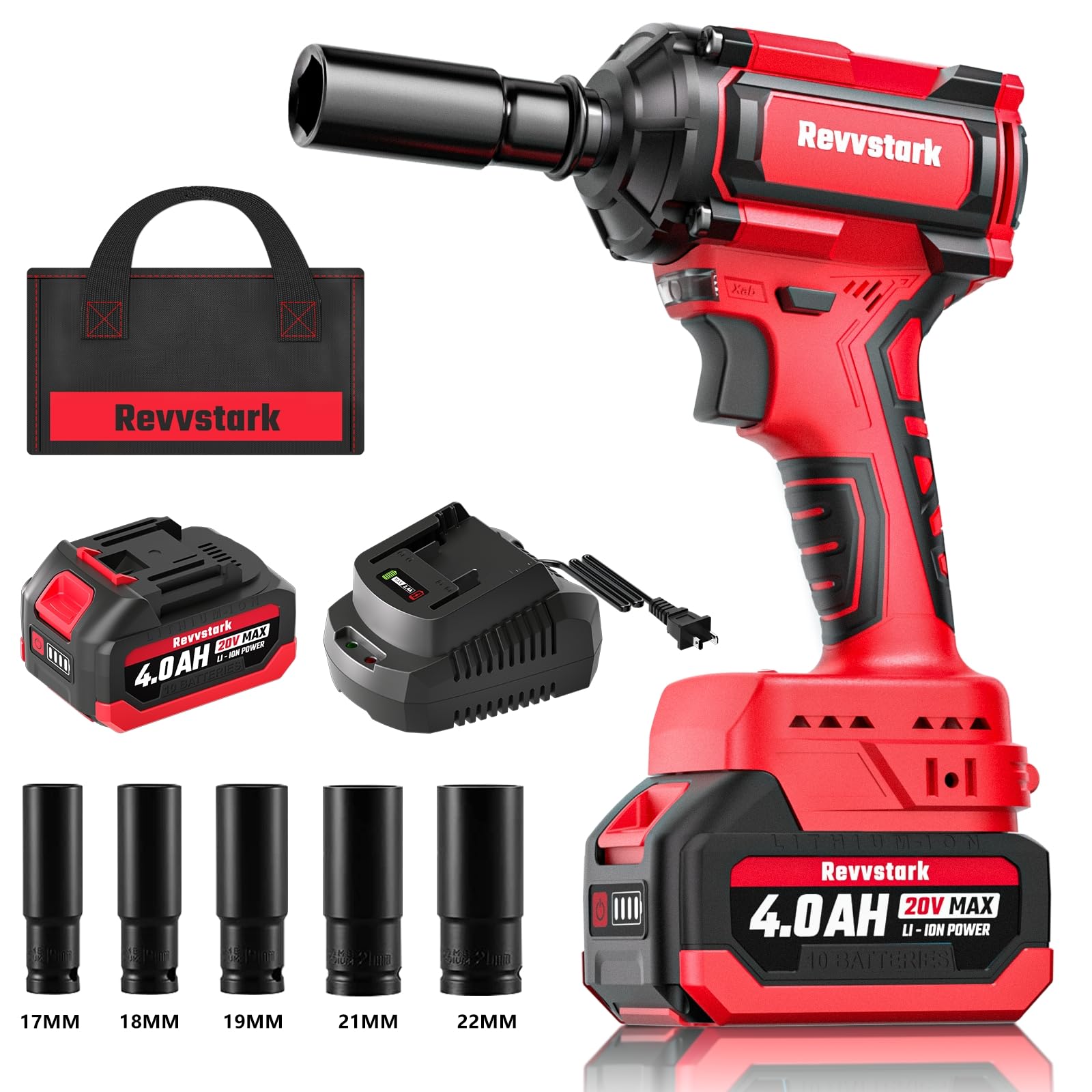 Revvstark Impact Wrench, Max Torque 480 Ft-lbs / 650N.m Cordless 1/2 Impact Driver, 20V 3000RPM Power Impact Gun with 4.0Ah Li-ion Battery and 1.5H Fast Charger, 5 Pcs Impact Sockets Included