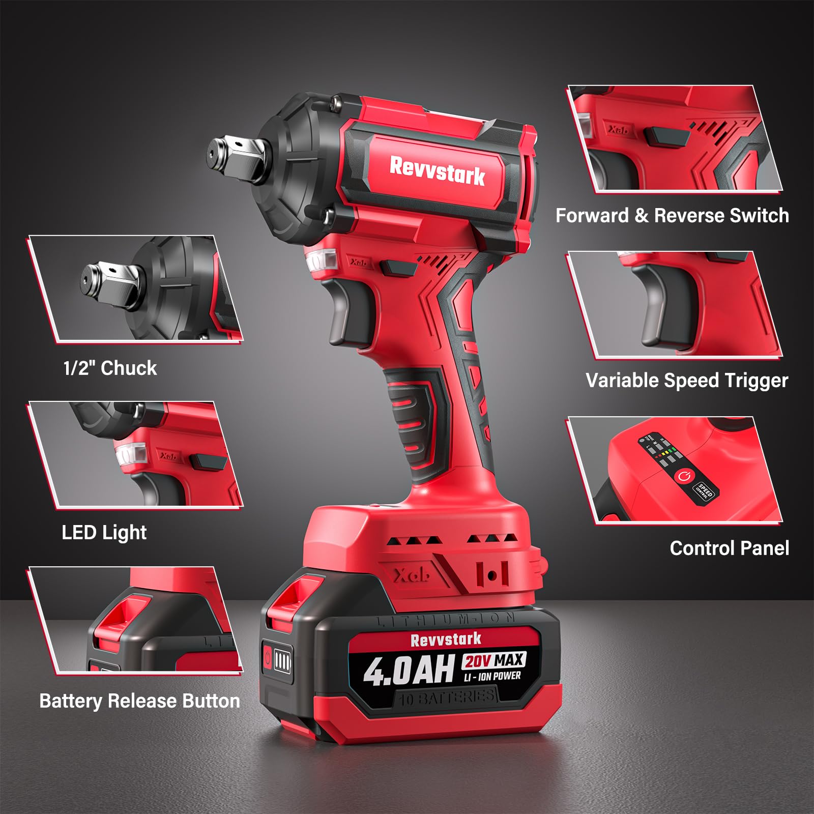 Revvstark Impact Wrench, Max Torque 480 Ft-lbs / 650N.m Cordless 1/2 Impact Driver, 20V 3000RPM Power Impact Gun with 4.0Ah Li-ion Battery and 1.5H Fast Charger, 5 Pcs Impact Sockets Included