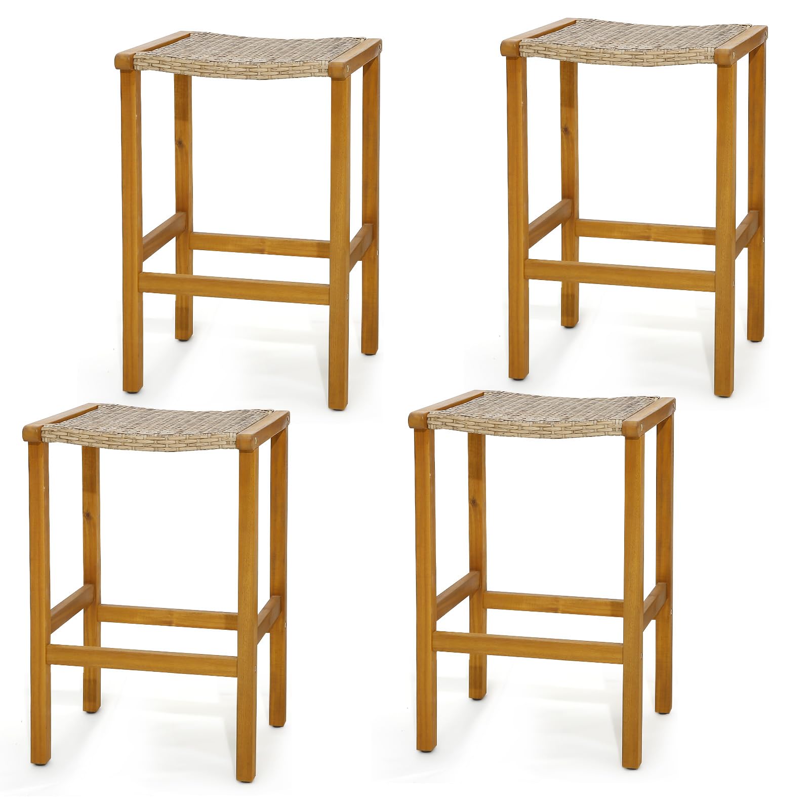 Tangkula Outdoor Bar Stools Set of 4, 30 Inches high Acacia Wood Heavy Duty Bar Height Stools with PE Rattan Saddle Seat, for Patio, Garden, Poolside and Balcony, Teak