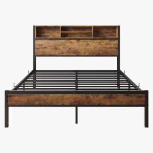 Crocofair Bed Frame Full Size with Bookcase Headboard/USB Charging Station,Metal Platform Bed, Mattress Foundation,No Box Spring Needed,Noise-Free,Black & Rustic Brown