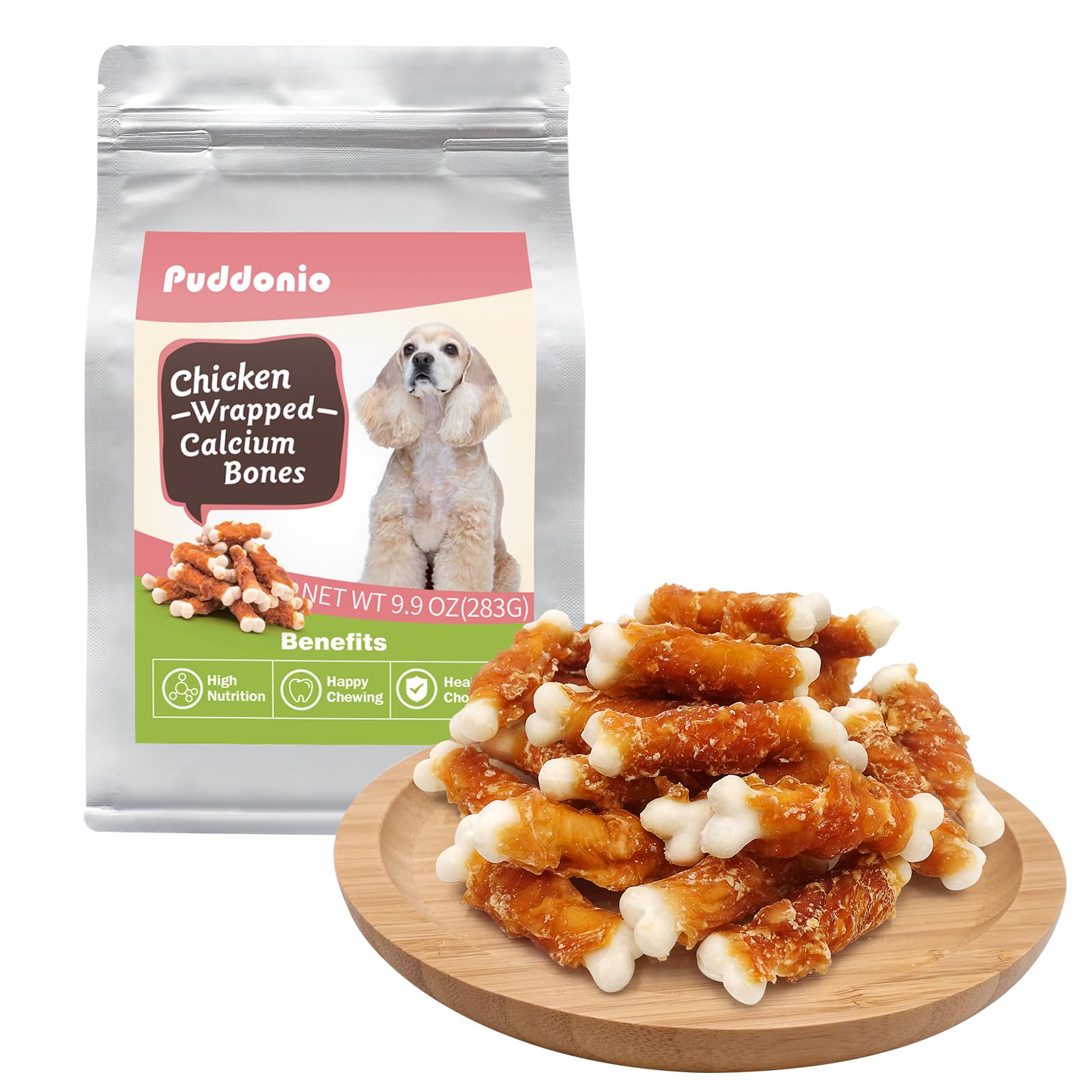 Puddonio Dog Treats, 2.3 Inch Chicken Wrapped Calcium Bones, Rawhide Free Dog Training Treats, Soft Dog Chews for Puppy and Small Dogs, 9.9 oz