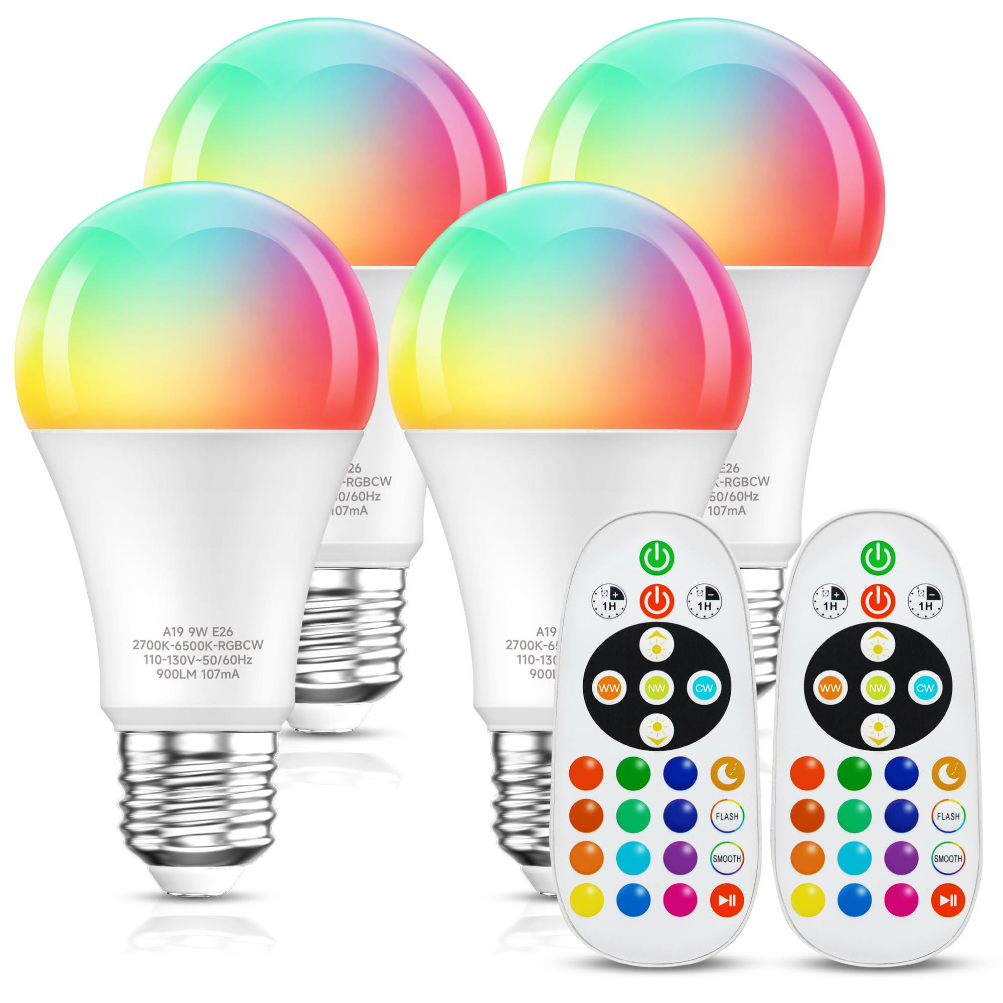 Eastiya Color Changing Light Bulb, 80W Equivalent, Remote Control Light Bulbs, 900LM, RGB Light Bulbs, E26 Base, 16 Color Choices, Timing, Dimmable, Multi-Color Light Bulbs, 4 Pack