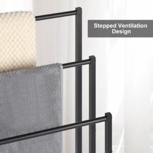 Freestanding Towel Rack, 3 Tier Metal Towel Rack Blanket Rack Stand for Bedroom Standing Towel Rack Black Bath Towel Holder Stand Floor for Bathroom Floor Towel Rack with Wooden Storage Shelf