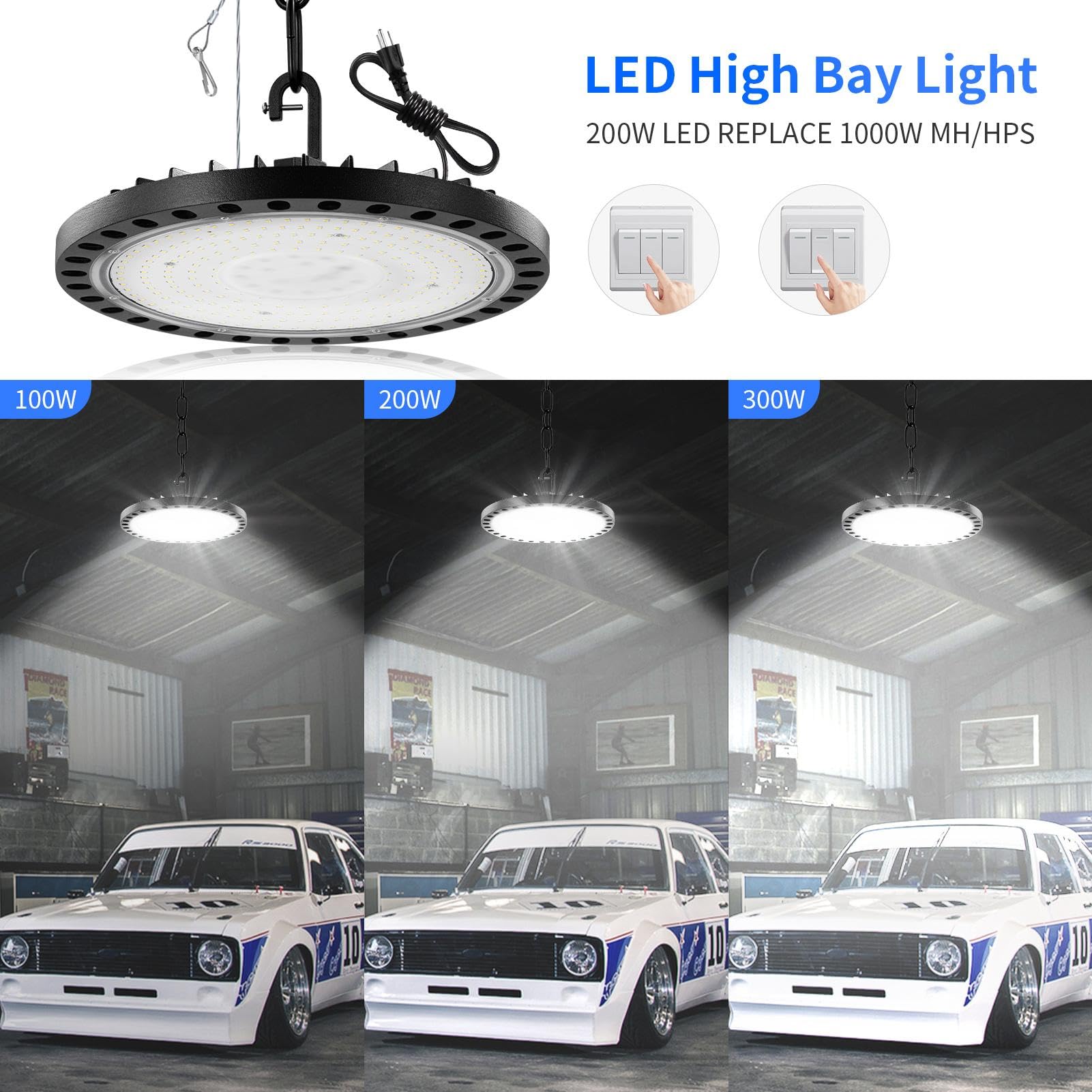 5 Pack LED High Bay Light 5000K 200W UFO High Bay Lights 21,000LM with US Plug Commercial Bay Lighting for Barn Garage Warehouse Car Wash Shop UFO Lights Hanging Chain