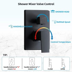 RTTWYYUU Matte Black Shower Faucet Set with Tub Spout 10 Inch, Shower Head and Handle with 2 Hooks, Tub and Shower Faucet Combo, Rain Shower and Handheld Shower System Square Wall Mount for Bathroom