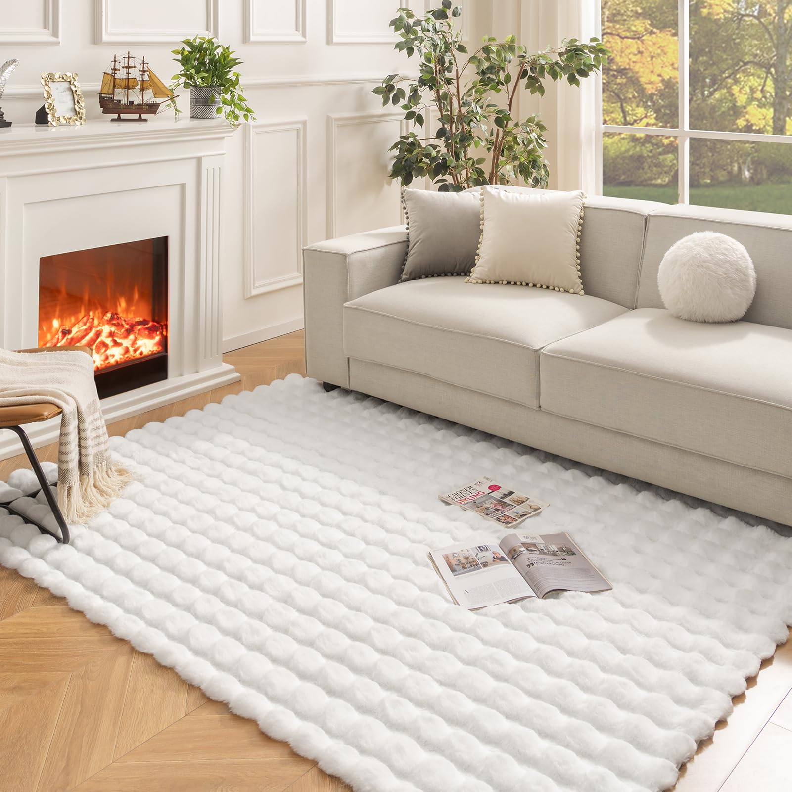 Ashler Faux Rabbit Fur Rug, White 5x7 FT Fluffy Soft Area Rug, Rectangle Fuzzy Carpet for Living Room, Bedroom, Machine Washable Shaggy Nursery Rug - 3D Bubble Rug