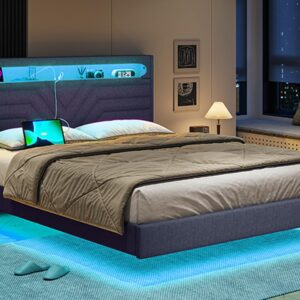 BTHFST Queen Floating Bed Frame with RGB LED Lights Headboard, USB-C/A Power Combo, Linen Upholstered Platform Bed with Storage Headboard, Innovative Stable Structure, Dark Gray