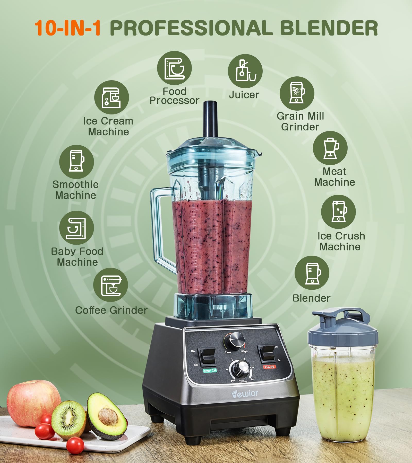 VEWIOR 2200W Blenders for Kitchen, Professional Smoothie Blender with 68oz Tritan Container & 27oz To-Go Cup, Countertop Blender for Smoothies