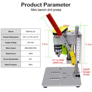 BERXOL Mini Drill Press, Benchtop Drill Press, Portable Electric Drilling Machine, CNC 795 Motor, B10 Chuck, Drill Bit and Clamp for Metal Wooden Jewelry DIY and Crafts Projects