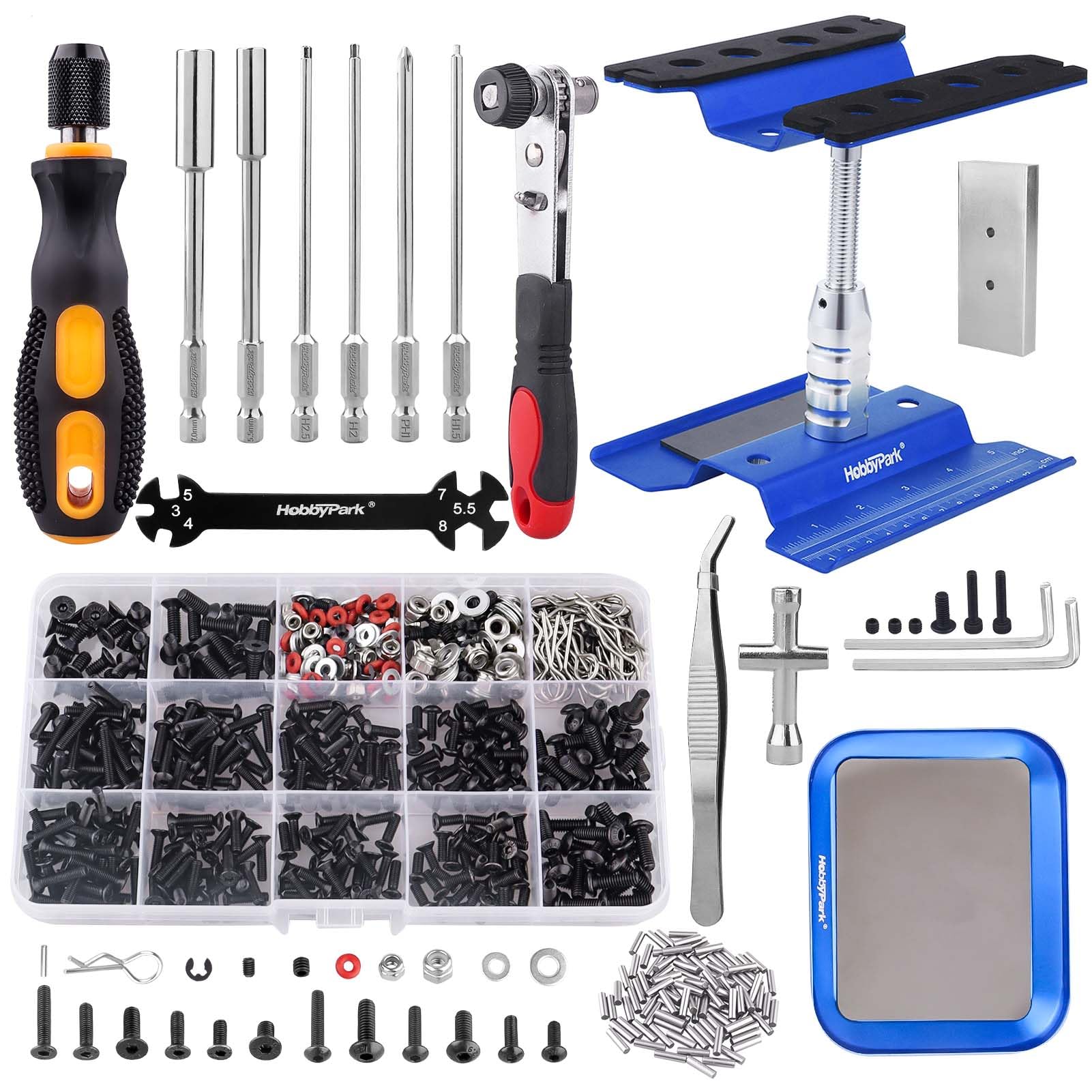 HobbyPark RC Car Work Stand 360 Degree Rotation, 620pcs RC Screw Kit w/Tray & RC Screwdrivers Repair Tool Set for Traxxas Arrma 1/8 1/10 1/12 1/16 RC Crawler Truck Buggy Touring Car