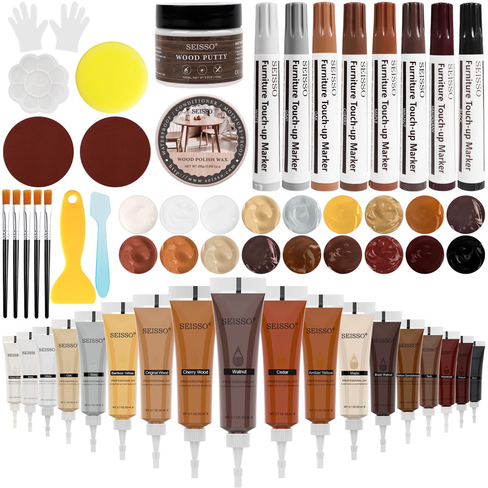 Wood Furniture Repair Kit- 40 Sets, Wood Fillers Hardwood Laminate Repair Kit with 18 Colors Oak Walnut, Wood Putty Touch Up Kit- Cover Wood Scratches, Stains, Holes for Table, Door, Veneer, Cherry