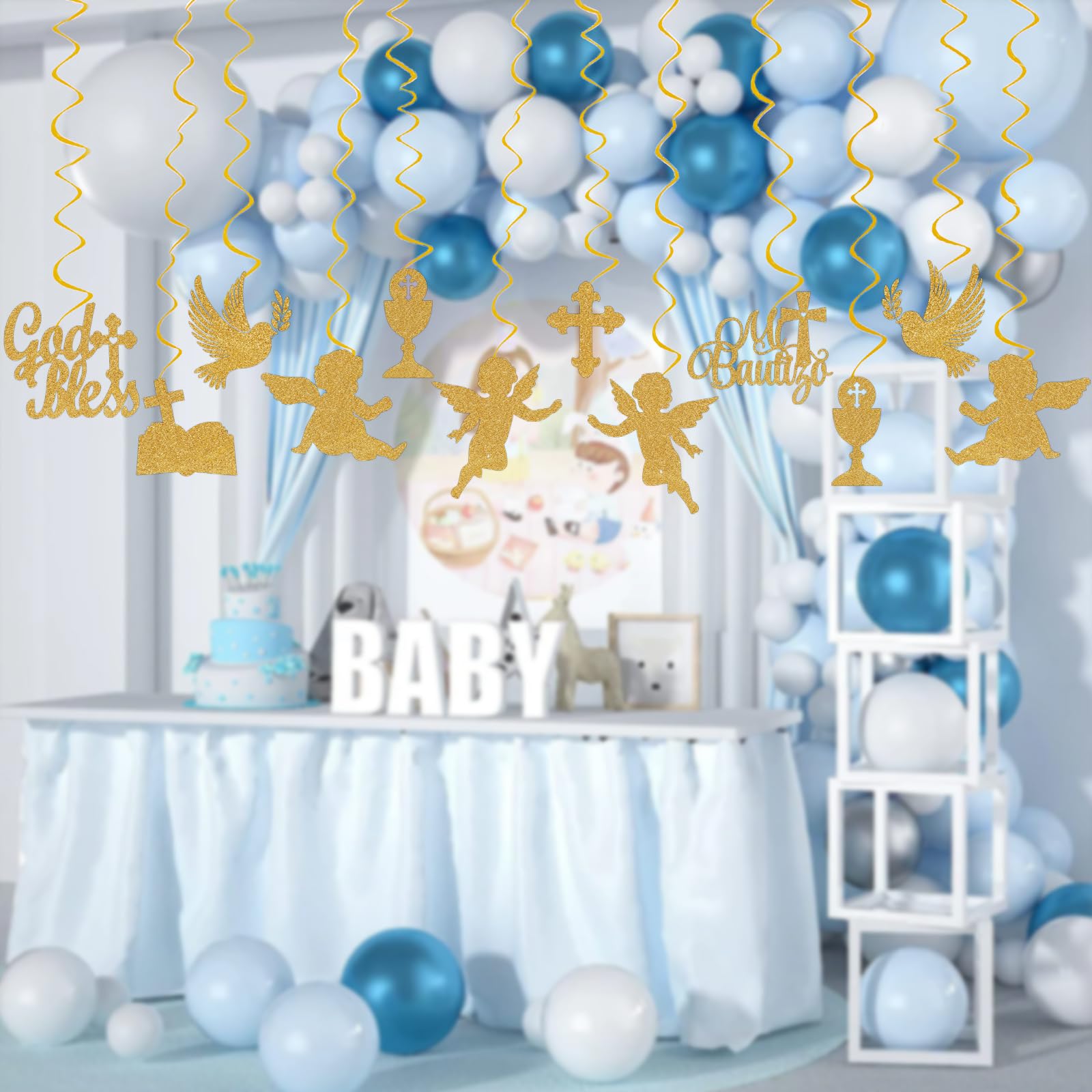 Mi Bautizo Party Decoration Baptism Decorations 24pcs Hanging Swirls Decoration God Bless Angel Gold Party Ceiling Decor Banner Supplies Baby Shower Birthday Party Decor, Assembled and Ready to Use