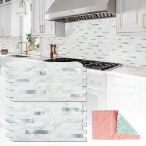 stylovue 20 sheets peel and stick backsplash for kitchen, white marble with metal silver look stick on tile upgrade your kitchen backsplash, rv, fireplace