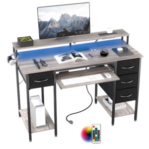 tiqlab computer desk with drawers and power outlets, 47 inch gaming desk with led lights, home office desk with monitor stand and keyboard tray, study writing work desk for home office, black