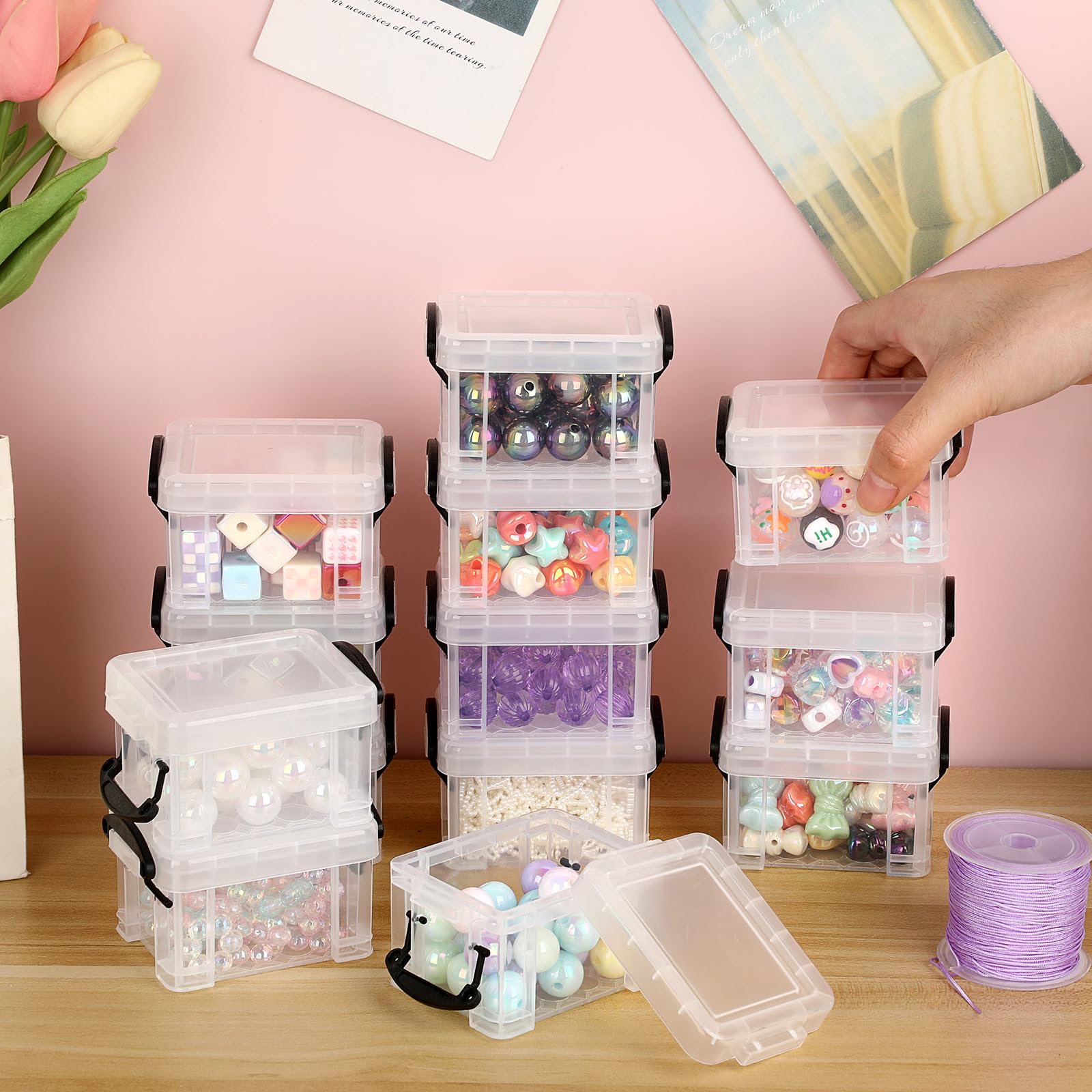 BTSKY 20 Packs Small Storage Bins with Lids Mini Plastic Bead Organizers-3.3Lx2.6Wx2H Inches Stackable Craft Storage Containers Clear Latching Boxes for Beads, Clips, Hairpins and Candy (Black)