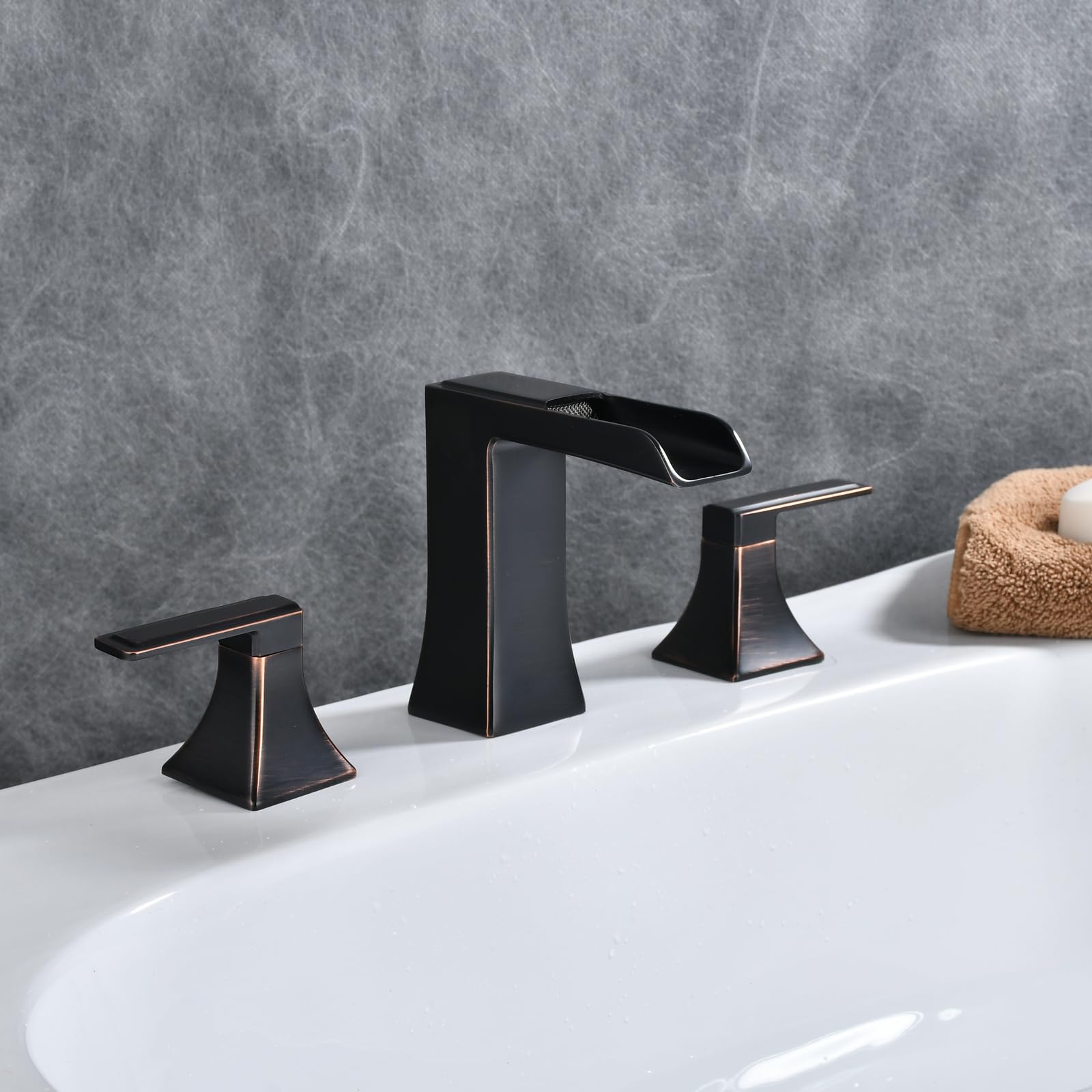 Kelelife Widespread Bathroom Faucet 3 Hole 8 Inch Oil Rubbed Bronze Farmhouse Waterfall Pop Up Drain Stopper Assembly with Overflow and Lead-Free Two Handle Bath Lavatory Sink Mixer Tap