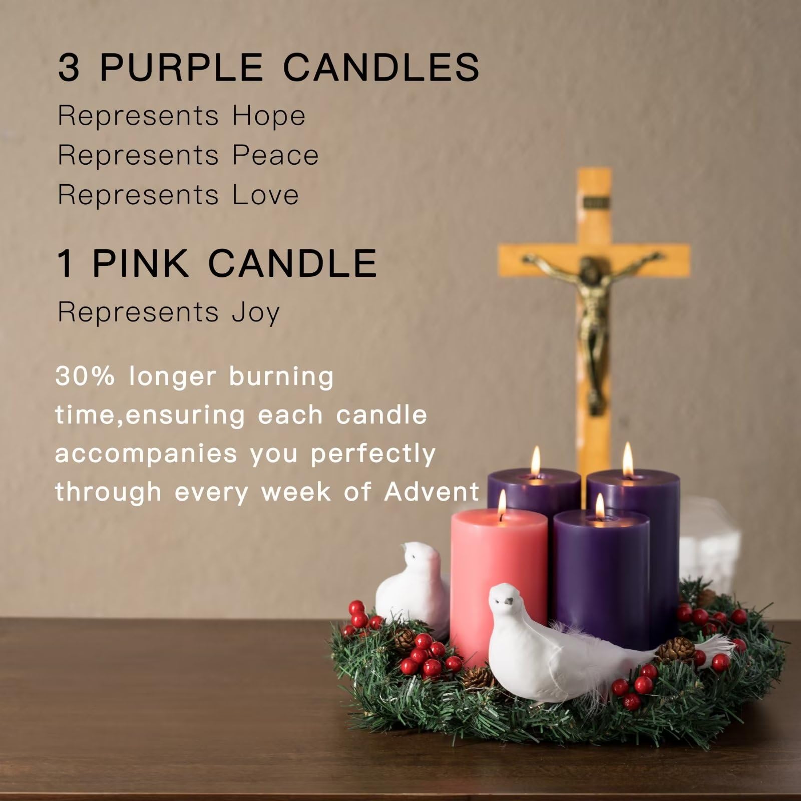 MOZEAL 3" x 6" Hand-Poured, Unscented Advent Pillar Candles. Each Candle Offers Approx 115 Hours of Clean, Long-Lasting Burn time. This Dripless Advent Candles Set of 4 is Ideal for Advent Wreath