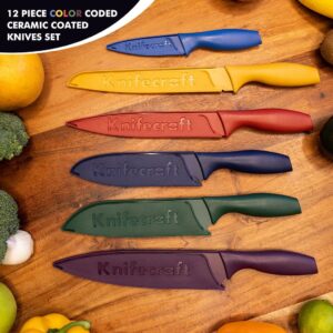 Knifecraft 12-Piece Color Coded Kitchen Knife Set, Non-Stick Ceramic Coated Stainless Steel with 6 Blade Guards, Dishwasher Safe, Perfect for Gifting