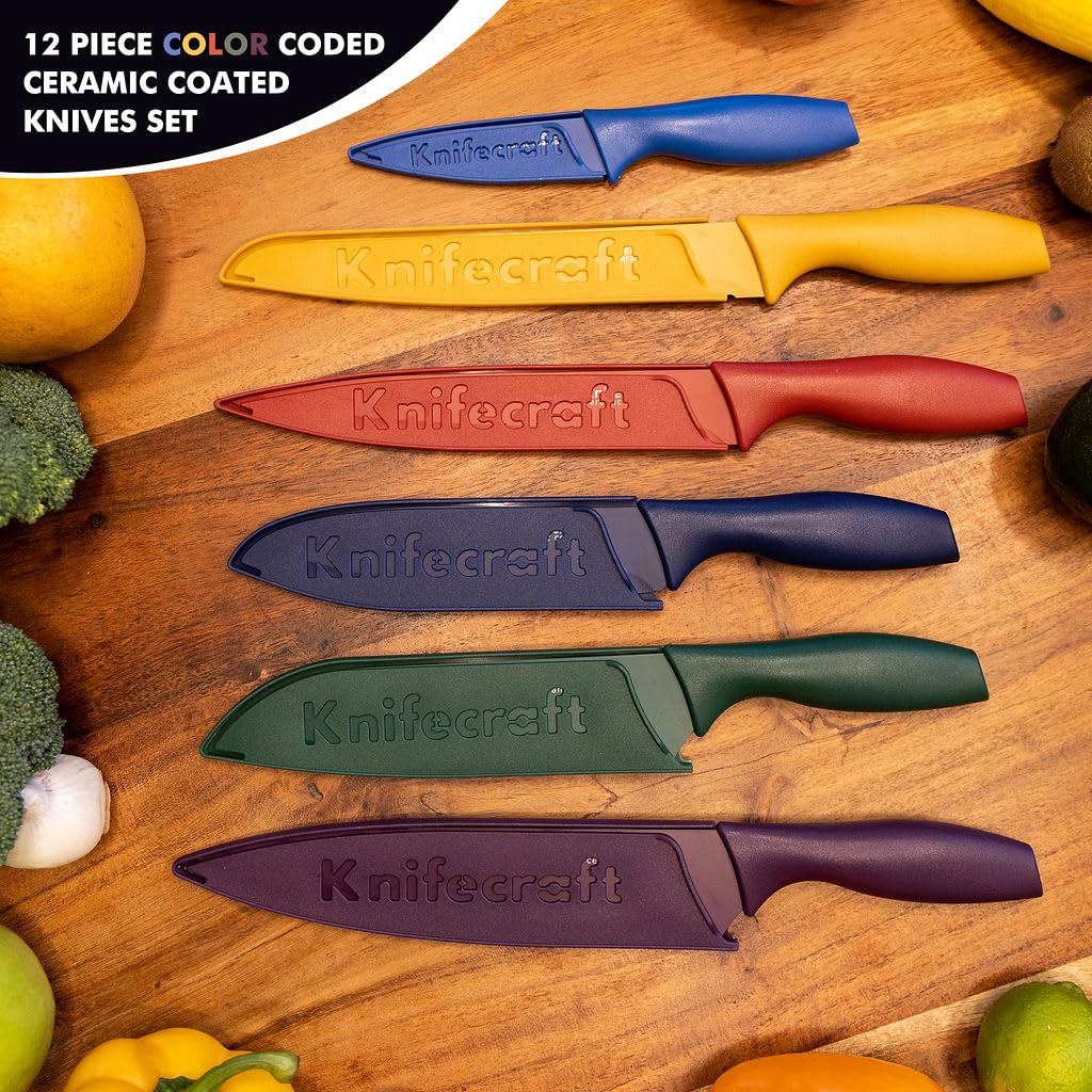 Knifecraft 12-Piece Color Coded Kitchen Knife Set, Non-Stick Ceramic Coated Stainless Steel with 6 Blade Guards, Dishwasher Safe, Perfect for Gifting