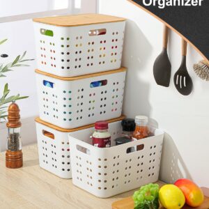 EOENVIVS Storage Bins With Lids Organization and Storage Containers with Bamboo Lids Storage Baskets Organizer for Shelves Drawers Desktop Bedroom Closet Playroom Classroom Office, Pack of 4