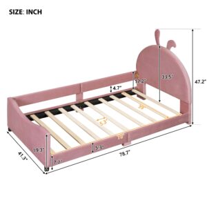 Twin Size Upholstered Daybed Bed Frame for Boys Girls Kids Toddler with Rabbit Ear Shaped Headboard, Pink