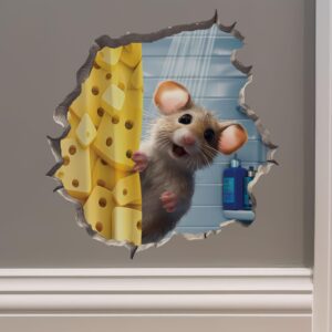 shower mouse wall hole decal - bathroom mouse wall sticker with 3d effect