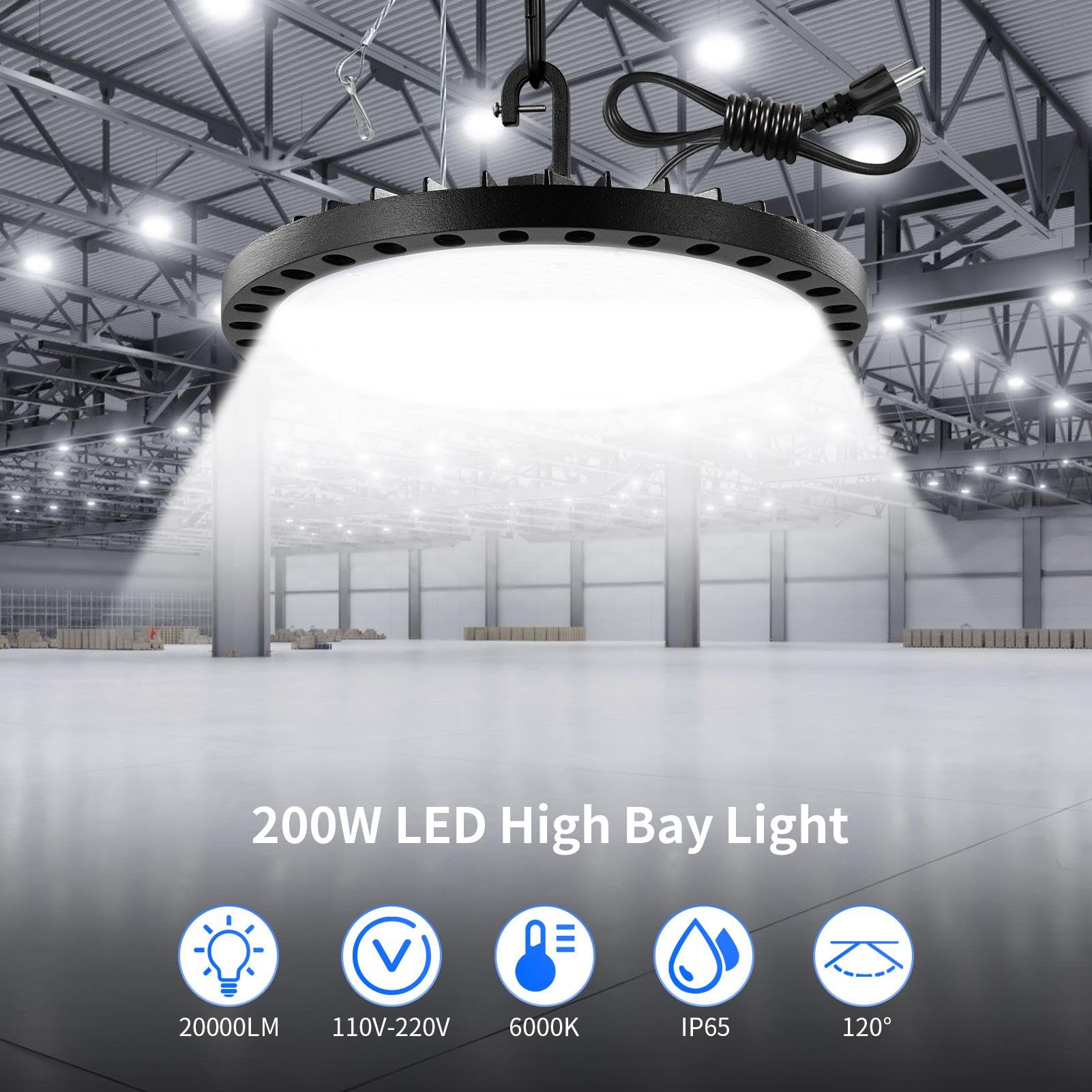 5 Pack LED High Bay Light 5000K 200W UFO High Bay Lights 21,000LM with US Plug Commercial Bay Lighting for Barn Garage Warehouse Car Wash Shop UFO Lights Hanging Chain