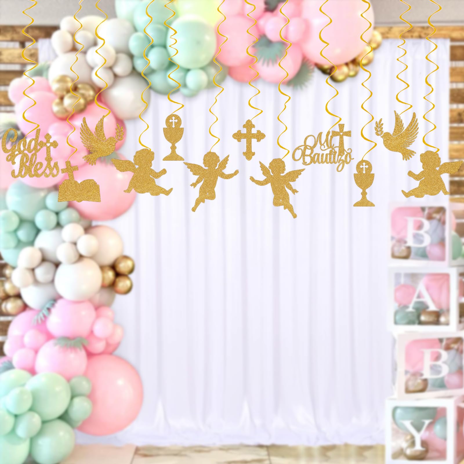 Mi Bautizo Party Decoration Baptism Decorations 24pcs Hanging Swirls Decoration God Bless Angel Gold Party Ceiling Decor Banner Supplies Baby Shower Birthday Party Decor, Assembled and Ready to Use