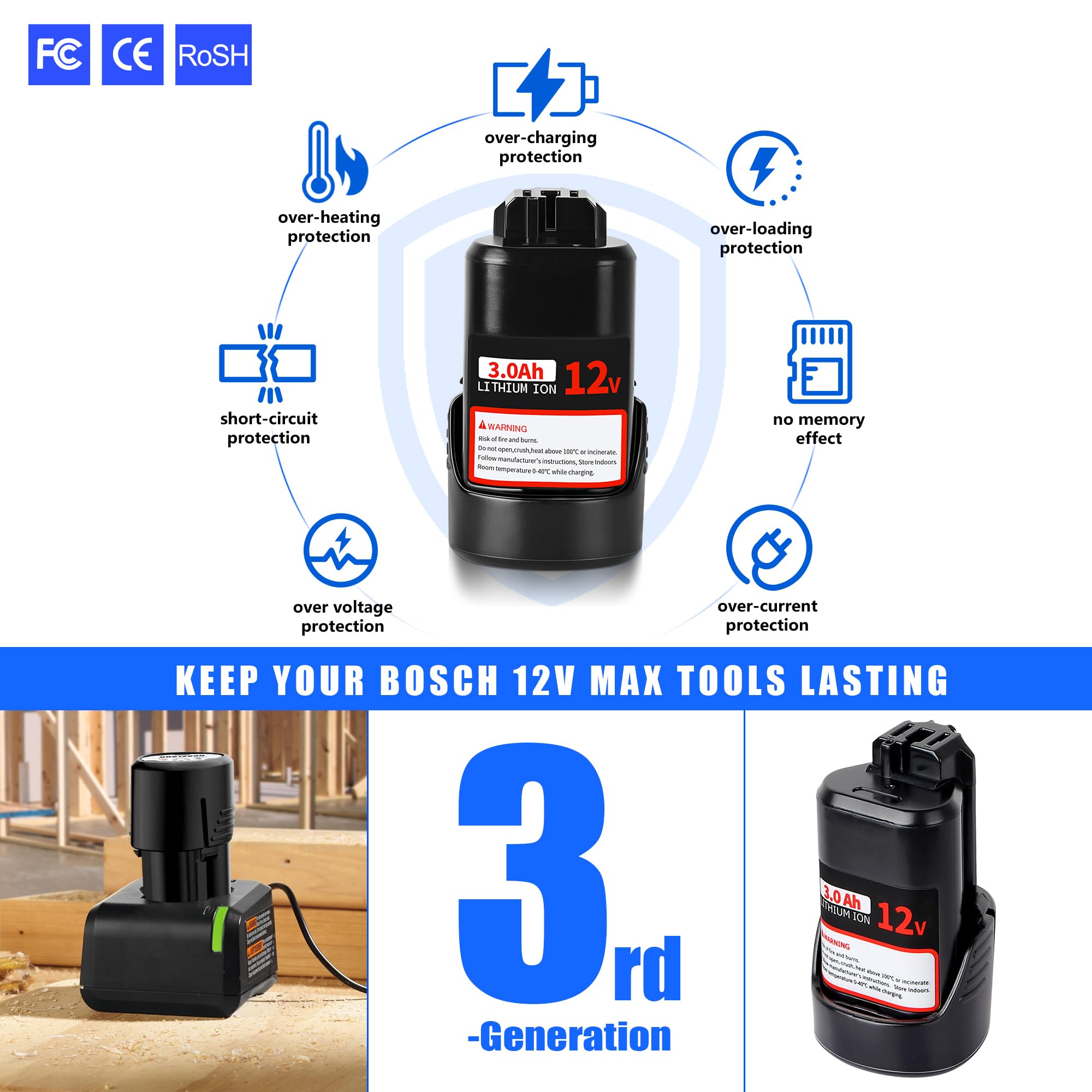 【Upgrade】2Pack 3.0Ah Replace Battery for Bosch 12V Batteries BAT414 Compatible with Bosch 12V max Lithium-Ion Tools and Chargers for Bosch 12 Volt Battery BAT420 GBA12V30 BAT411 BAT411A BAT412 BAT413