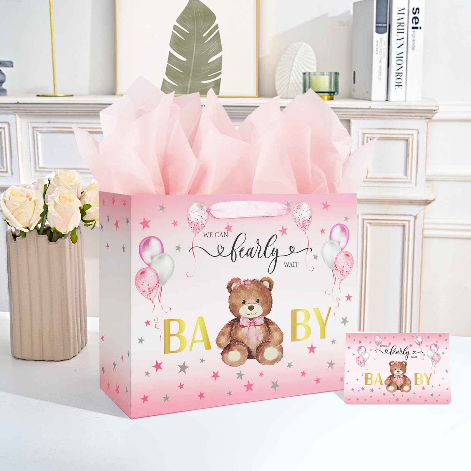 13" Large Baby Shower Birthday Gift Bag for Girl with Tissue Papers and Card Pink Balloons Bear Design with Handles