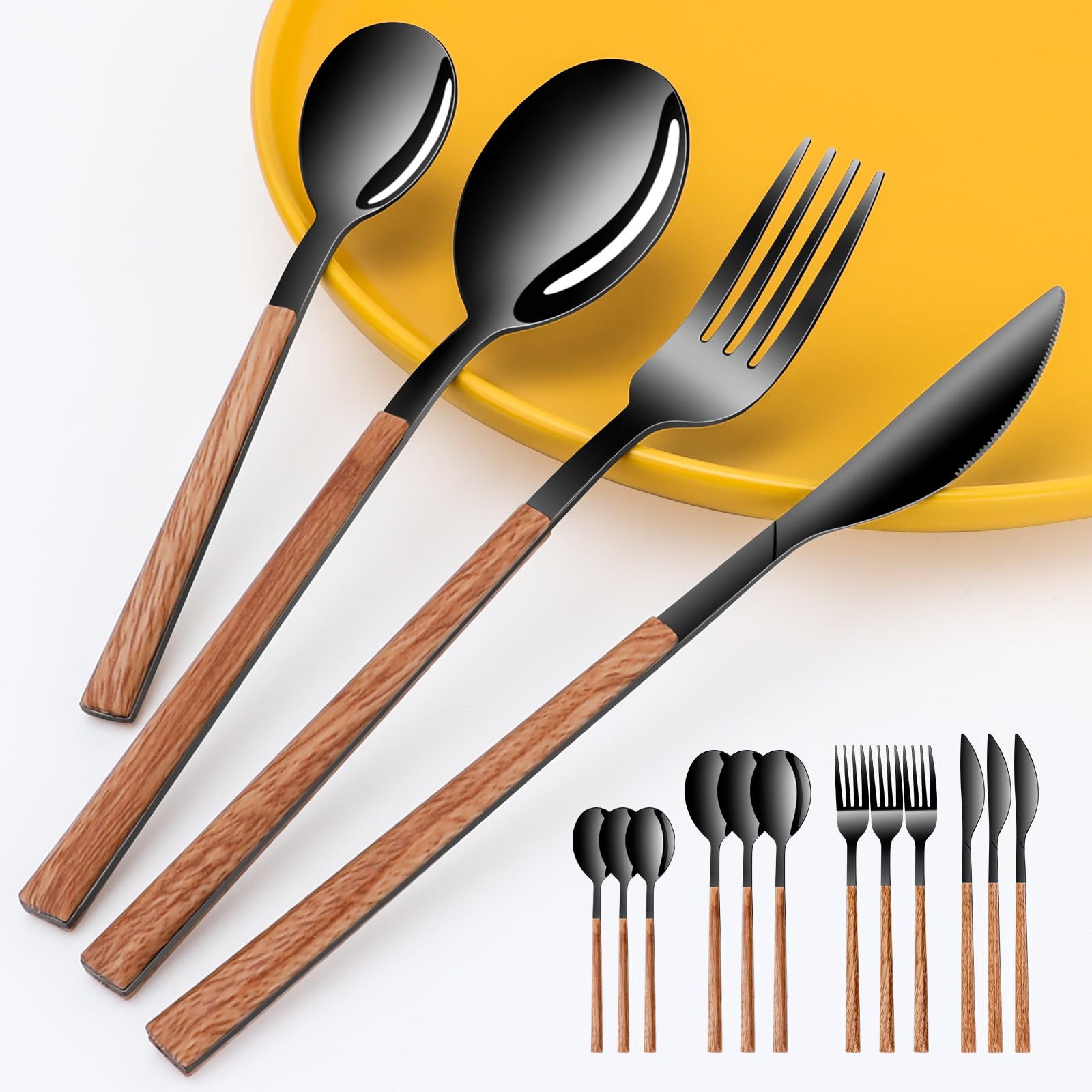 Stainless Steel Flatware Set for 4, Cutlery Utensils Set Include Knives/Forks/Spoons Service for 4, Mirror Polished and Dishwasher Safe (black)