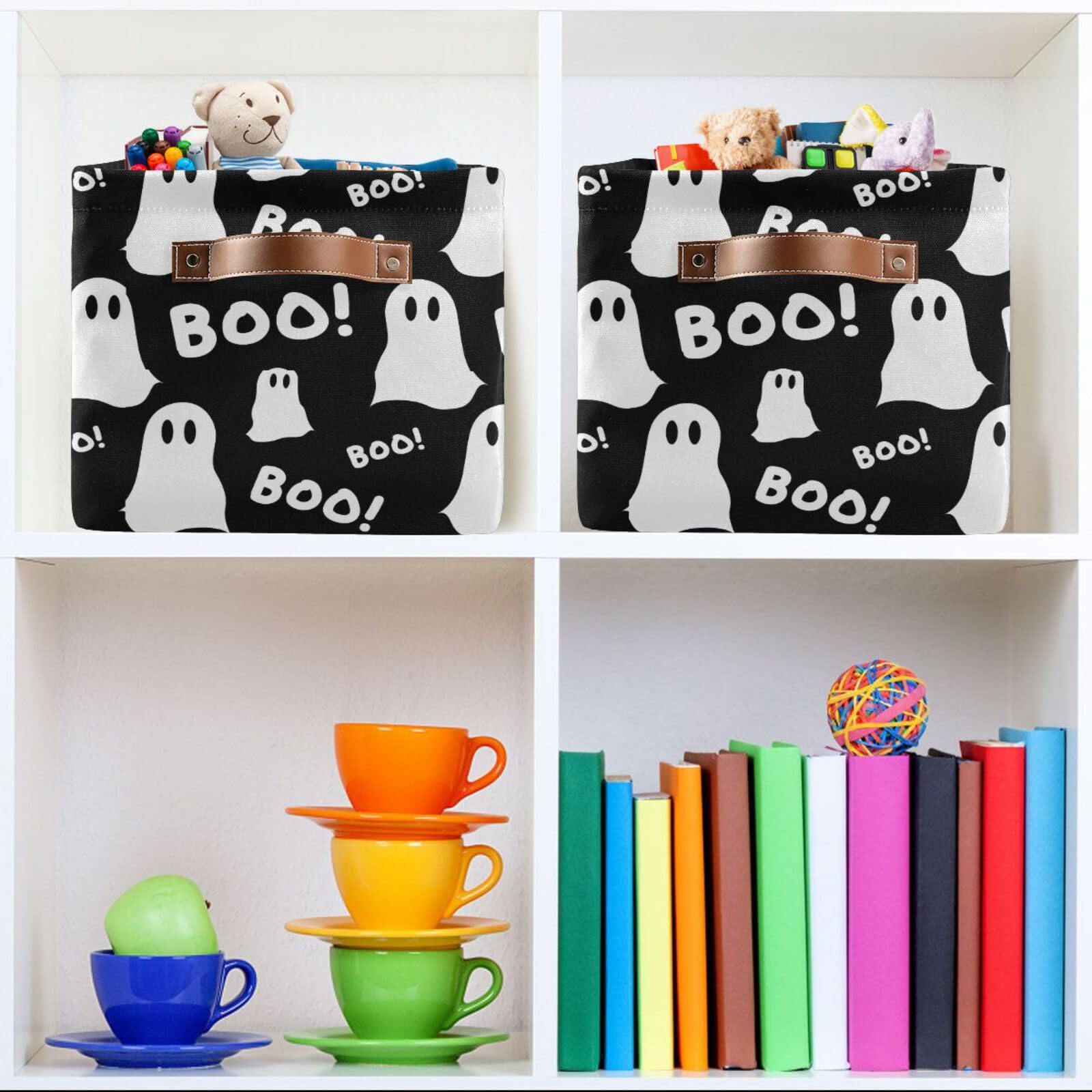 Halloween Boo Ghosts Storage Basket Collapsible Storage Bins Cubes Box Toy Chest Fabric Clothes Hamper Gift Baskets for Shelves Nursery Shoes Home Office with Leather Handles