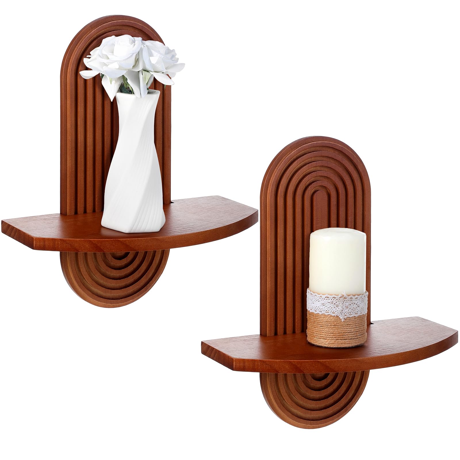 Suzile 2 Pcs Arched Wooden Boho Wall Shelves Walnut Bohemian Candle Holders Hanging Shelf Wood Hanging Wall Shelf Wall Mount Rustic Floating Shelves with 2 Hook for Plant Book Bedroom Bathroom Nursery