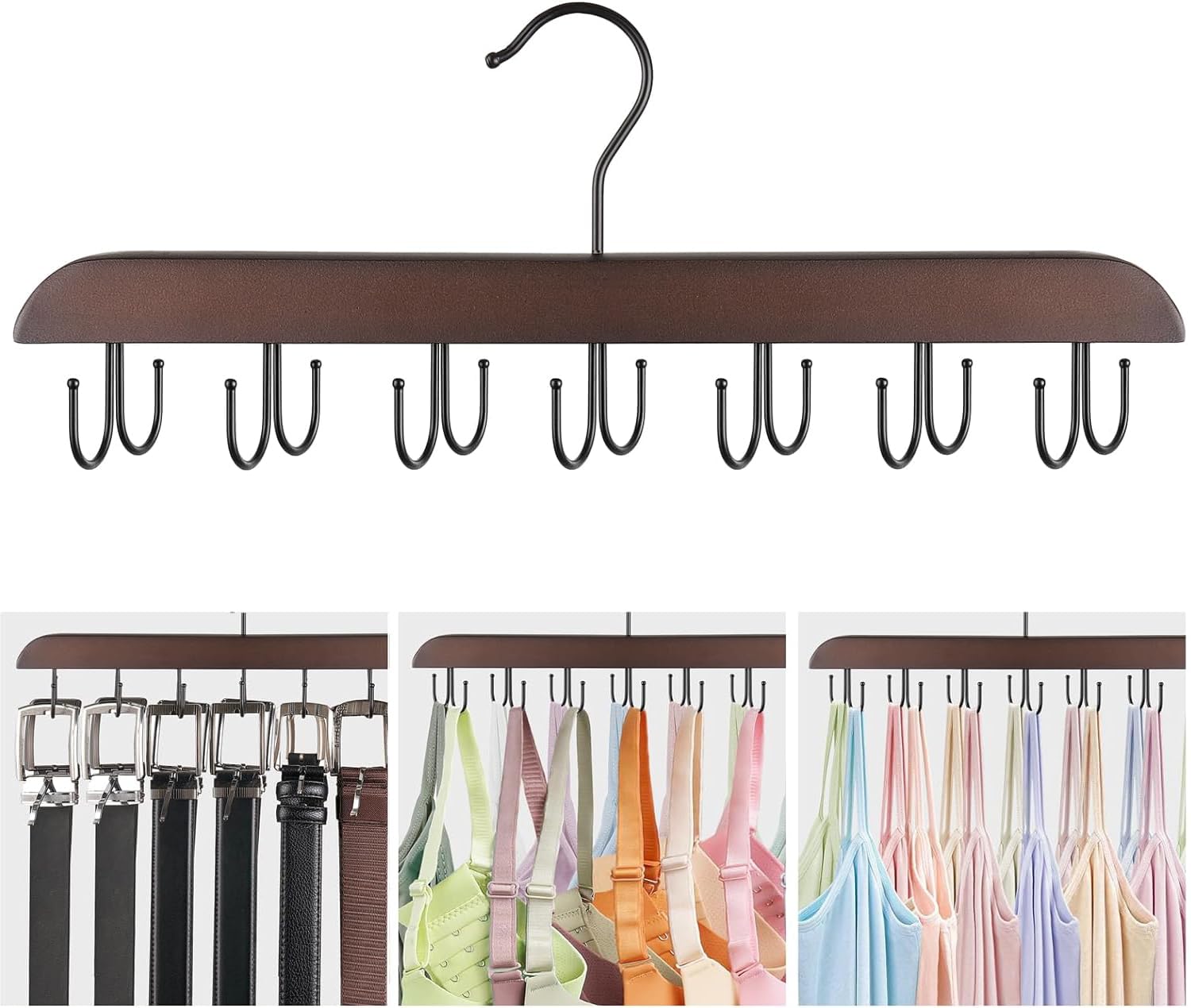 Mkono Bra Hangers for Closet Organizer Space Saving Hangers with 14 Hooks for Tank Top, Belt, Sports Bra, Ties, Scarf Holder Wooden 360° Rotating Hanger for Home Apartment Dorm Closet Storage