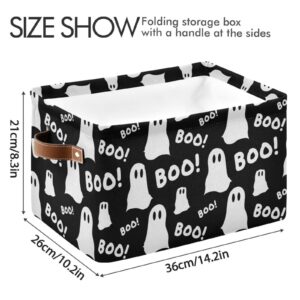 Halloween Boo Ghosts Storage Basket Collapsible Storage Bins Cubes Box Toy Chest Fabric Clothes Hamper Gift Baskets for Shelves Nursery Shoes Home Office with Leather Handles