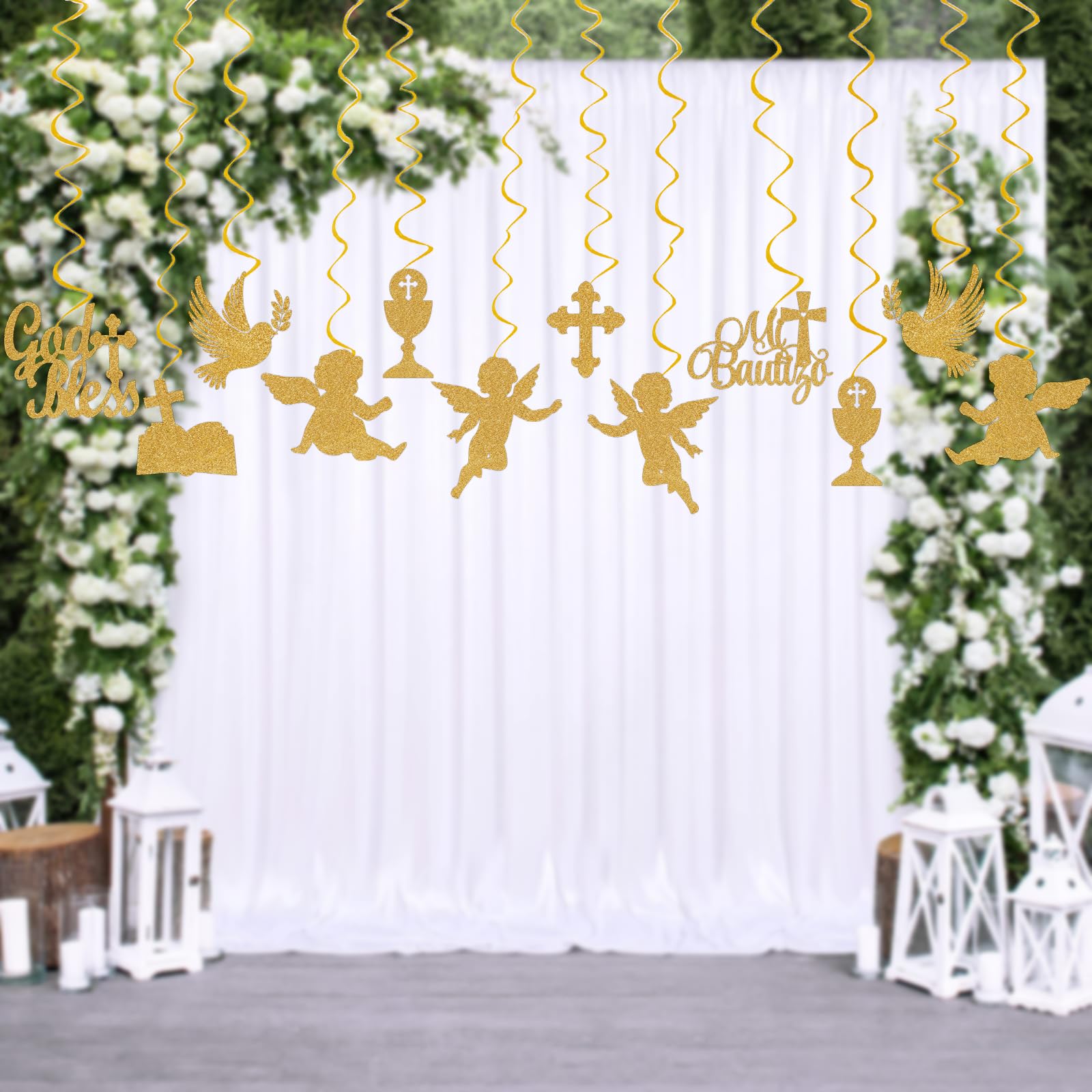 Mi Bautizo Party Decoration Baptism Decorations 24pcs Hanging Swirls Decoration God Bless Angel Gold Party Ceiling Decor Banner Supplies Baby Shower Birthday Party Decor, Assembled and Ready to Use